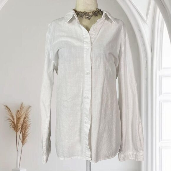 Preppy Boho White Cotton Button Up Long Sleeve Oversized Blouse Top L - Picture 1 of 7